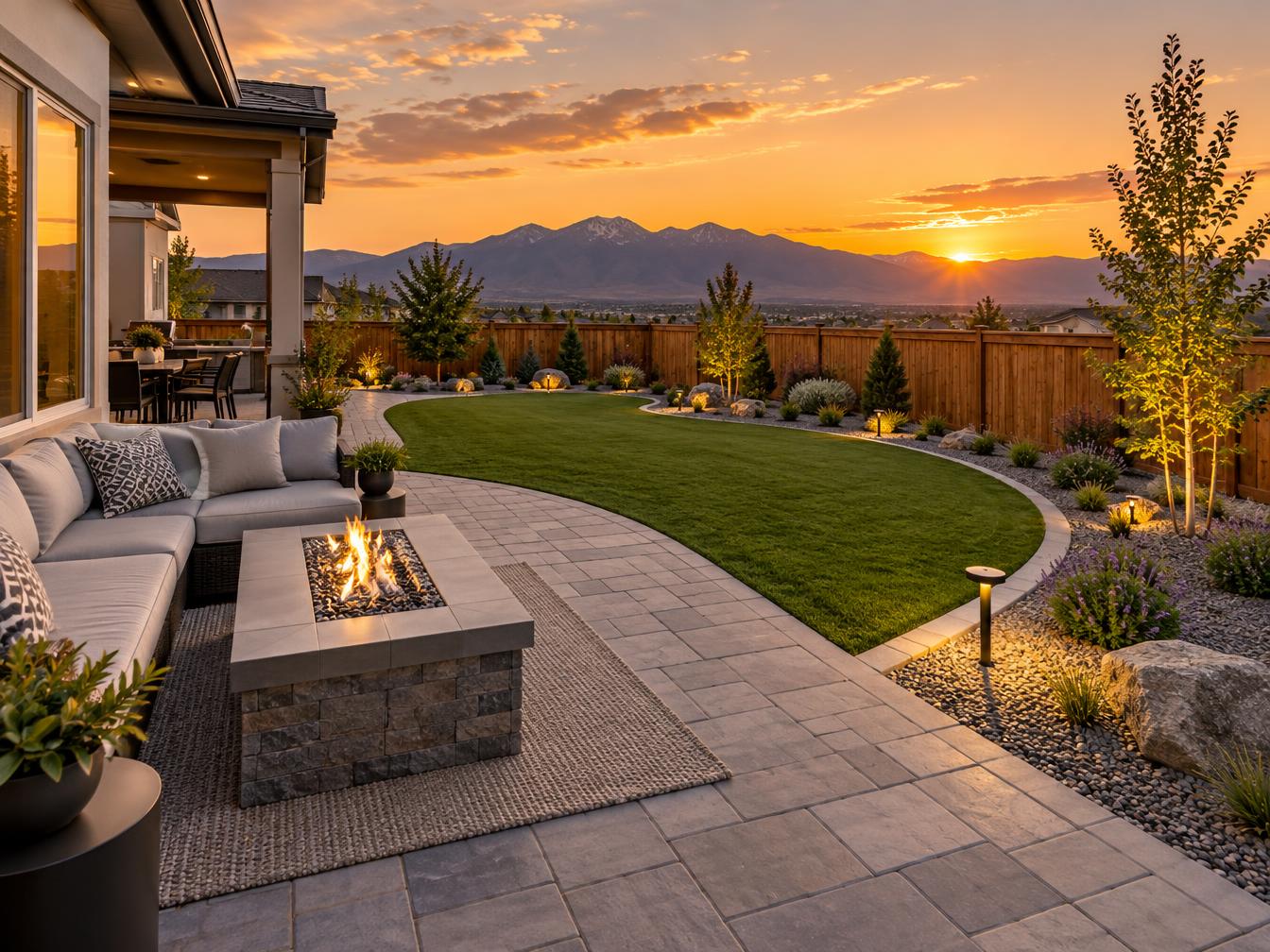 Elegant paver patio with a fire pit, lush turf lawn, outdoor lighting, and mountain sunset view by Garden Design Landscaping